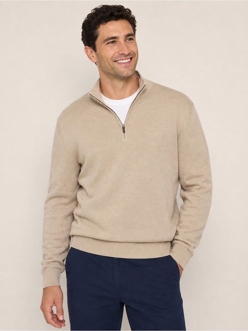 Brooks Brothers Men’s Supima Cotton Quarter Zip Sweater Beige Tan Large NWT